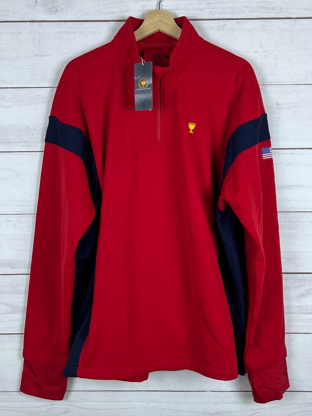 NWT LACOSTE Sport Jacket Mens XXL Red USA Golf Pockets Presidents Cup 1/4 Zip